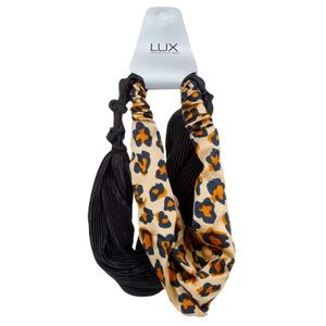 LUX Accessories 2 Pc Black Corduroy & Leopard Satin Headband Hair Wrap Set NWT